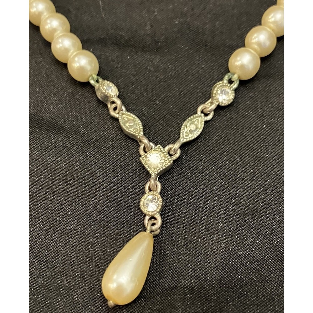 VTG Style Y-Drop Necklace Faux Pearls Crystal Rhinestones Art Deco Bridal Formal